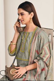 Women’S Ethnic Cotton Grey Suit With Printed Bottom And Fancy Dupatta